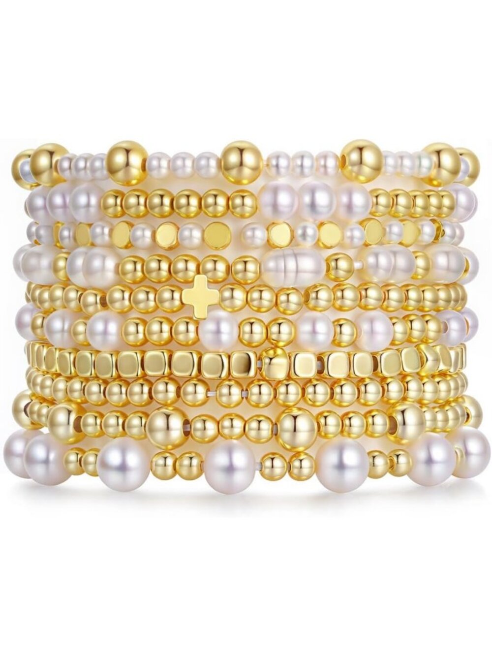 10PCS Gold Beaded Stretch Bracelets Set | Stackable Elastic Jewelry for Women